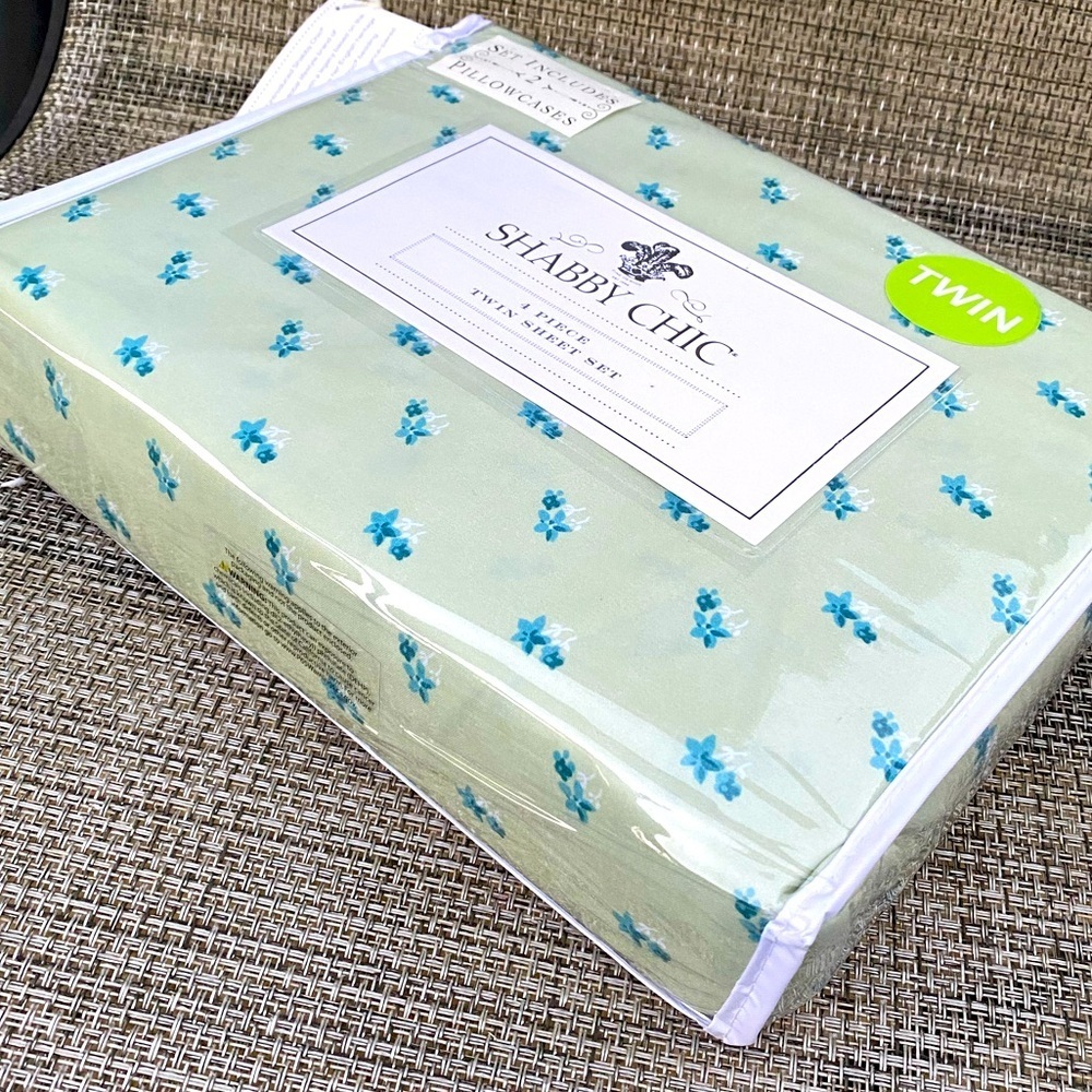 Shabby Chic Blue Floral Green Polyester TWIN Sheet Set 4pc - Picture 3 of 8